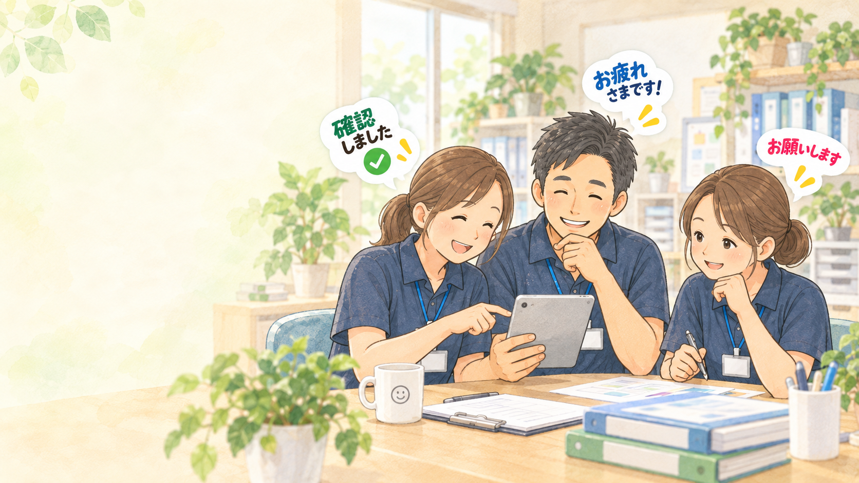 スマートフォンを囲んで連携する介護スタッフと、業務連絡スタンプのイラスト